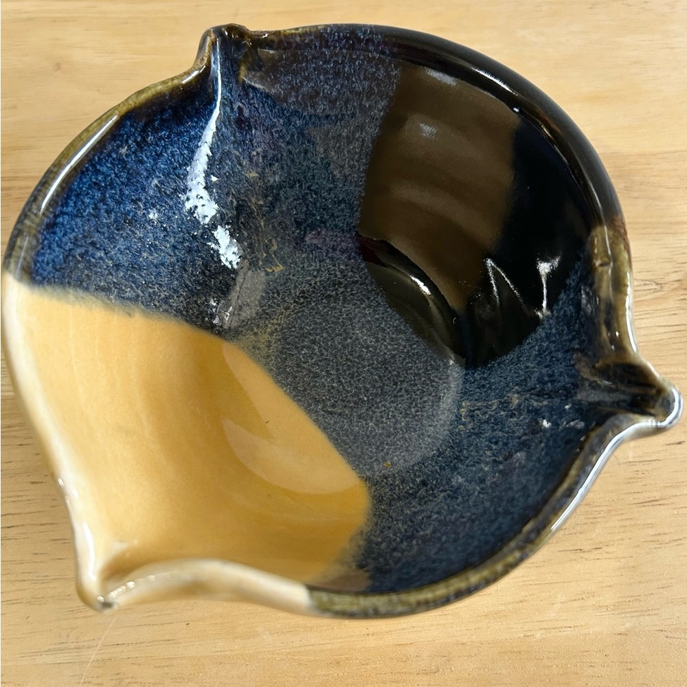 Retro Studio Pottery Bowl Handmade Glossy Yellow Blue Signed 2.25” X 5” Art Deco